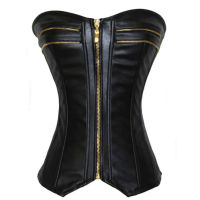 หนังรัดตัวด้านบนผู้หญิงซิปหนังรัดตัวหัวเข็มขัด Bustier SteamPunk โกธิค S Tudded รัดตัวเกราะสีดำ