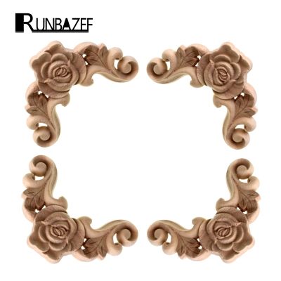 RUNBAZEF Rose Floral Wood Carved Decal Corner Applique Decorate Frame Wall Doors Furniture Figurines Cabinet Decorative Crafts