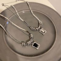 Punk Hip Hop Double Layer Square Zircon Pendant Necklace For Women Men Vintage Gothic Sweater Necklace Y2K Jewelry Party Fashion Chain Necklaces