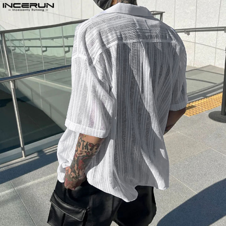 incerun-เสื้อเชิ๊ตแขนสั้นลายขวางสำหรับผู้ชายเสื้อเบลาส์เข้ารูปทรงหลวมทรงหลวม-สไตล์เกาหลี