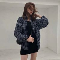 【On Clearance】korean style women ladies loose plaid check long sleeve shirt blouse baju baju wanita lengan panjang kemeja