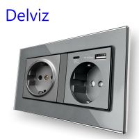 Delviz เต้าเสียบคู่ไฟติดผนัง3100Ma 5V พร้อมพอร์ตชาร์จเร็ว Usb แผงกระจกนิรภัยซ็อกเก็ต USB ชนิด C มาตรฐานสหภาพยุโรป18W