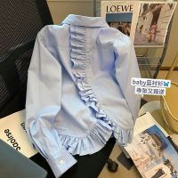 ร้อน, ร้อน★Vivi Blue Ruffled Long-sleeved Shirt Womens Design Sense Niche 2023 Summer New French Chic Temperament Shirt Female Blouse