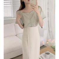 ◘✘ 44625 Simple All-Match V-Neck Half-Sleeved T-Shirt Top/High Waist Slimmer Look Split Skirt