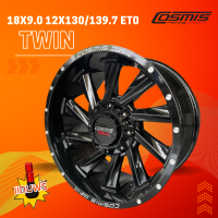 ล้อแม็กขอบ18 กว้าง 9.0 12(6รู)x130/139.7 ET0 CB106.1?? ยี่ห้อ Cosmis รุ่น TWIN สีดำเงาทั้งวง ⭐ราคาต่อ1วง⭐ขายยกชุด4วง รับประกันโครงสร้างล้อแม็ก6ปี