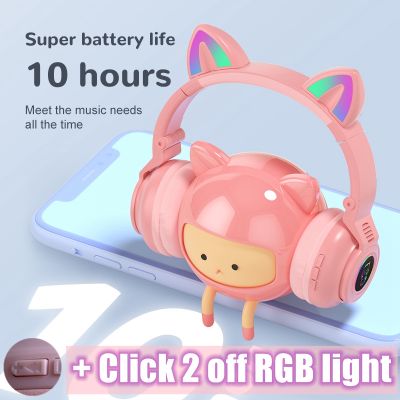 Cute RGB Kitten wireless Headsets Bluetooth 5.0 Bass Noise Cancellation Adult Child Girl Headset Support TF Card Helmet with Mic