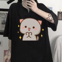 Mochi Peach Cat Print Women t-shirt Black White Tshirt Tops harajuku vintage aesthetic gothic Anime graphic punk clothes Hip Hop