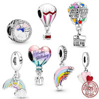 เงินแท้ 925 Happy Bday Hot Air บอลลูน,Rainbow &amp; Cloud Dangle Charm Bead Fit Pandora สร้อยข้อมือผู้หญิงเครื่องประดับ-Jiieu