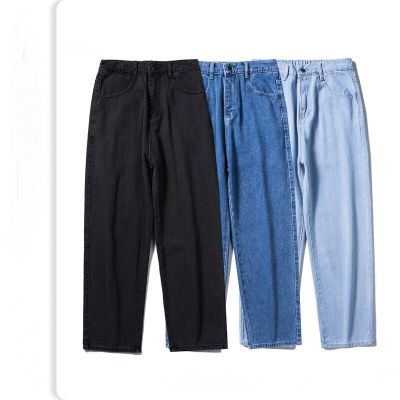 กางเกงยีนส์ขายาวสำหรับผู้ชาย,กางเกงยีนส์ทรงตรงหลวมสไตล์อินเทรนด์เอวยางยืดกึ่งไซส์ S-2XL