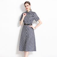 Women New Dress Real Shot  Flower Print  Midi Dress Short Sleeve A- Line DRESS