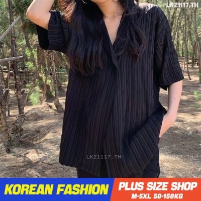 ✈ Plus size เสื้อผ้าสาวอวบ❤ เสื้อสาวอวบอ้วน ไซส์ใหญ่ ผู้หญิง ทรงหลวม แขนสั้น คอวี สีดำ ฤดูร้อน สไตล์เกาหลีแฟชั่น