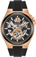 Bulova Mens Classic Maquina Automatic Open Aperture Watch Rose Gold/Rubber Strap Maquina