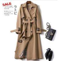 tdg Women Double-breasted  Trench  Coat With Belt, Long Sleeve Mid-length Lapel Overcoat, Slim Fit Over-the-knee Coat