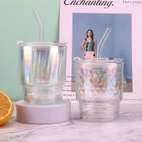 Colorful Laser Bamboo Cup Straw Cup Office Glass Water Cup Home Simple Drink Coffee Cup with Lid Transparent Straw Cup