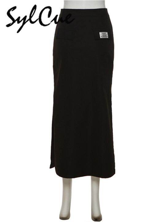 sylcue-simple-black-split-sexy-slim-hot-versatile-light-cool-thin-summer-womens-mature-feminine-charm-street-skirt-long