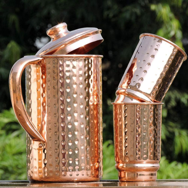 healthgoodsin-pure-copper-hammered-water-jug-with-2-hammered-copper-tumblers-copper-pitcher-and-tumblers-for-ayurveda-health-benefits