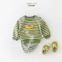 [COD] 2023 baby spring new striped sweater home going out round neck newborn shoulder buckle pullover