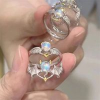 [HOT] New Beautiful Angel Demon Wing Couples Rings for Women Men Charm Moonstone Silver Color Open Ring Engagement Promise Jewelry