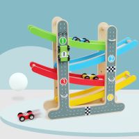 Kids Montessori Wooden Ladder Gliding Car Wooden Slot Track Car Toys Educational Toys Model Vehicles Slide Toy For Children Gift