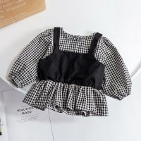 Girls Shirts Spring Autumn Style Children Fashion Plaid Fake Two Piece Tops