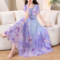 【YF】 Summer Boho Chiffon Beach Long Dress Women Elegant Flower Print Short Sleeve High Waist Purple Evening Party Maxi Dresses