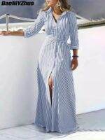 2023 Autumn Shirt Womens Dress Boho Elegant Party Dresses Long Evening Gown Lace Up Simple Spring Fashion Female Striped Gowns