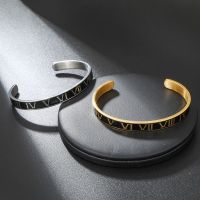 【cw】 Trendy Gold Color Roman Numerals Titanium Steel Bracelet Bangle Men Retro Punk Black Dripping Oil Bracelet Women ！