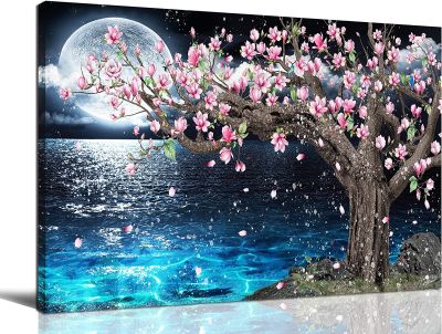 ศิลปะบนผนังต้นแมกโนเลียสำหรับห้องนอนภาพสีชมพูและสีฟ้าเครื่องตกแต่งฝาผนังดวงจันทร์กรอบศิลปะผ้าใบ X