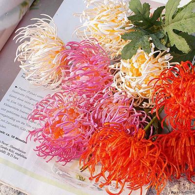【cw】 3 Heads golden chrysanthemum branch plastic Artificial flowers floreswedding home decoration plant green leaves 【hot】