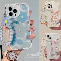 ∈ เคสโทรศัพท์มือถือ ซิลิโคนใส ลายดอกไม้ หูหมี สีฟ้า เทา พร้อมสายโซ่คล้อง สําหรับ for iPhone 14 Pro Max 13 12 11 Pro Max X Xr Xs Max SE 2020