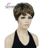 StrongBeauty Short Cute Brown Highlights Straight synthetic Womens Wig for Everyday COLOUR CHOICES Wig  Hair Extensions Pads