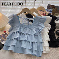 PEAR DODO เสื้อกั๊กสี่เหลี่ยมแขนยาวมีระบายสำหรับผู้หญิงคอกลมหลวมเกาหลี