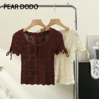 PEAR DODO เสื้อยืดแขนสั้นถักกลวงเซ็กซี่สำหรับผู้หญิงเกาหลี