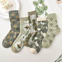 【Sock shop】5คู่ผู้หญิงถุงเท้าชุดใหม่ย้อนยุคสไตล์ประเทศสีเขียวฤดูใบไม้ร่วง Floret ผิวนุ่มเป็นมิตรระบายอากาศถุงเท้าแฟชั่นเกาหลี