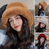 HOT★Winter Women Bucket Hat Furry Solid Color Flat Top Fisherman Cap Thickened Faux Rabbit Fur Short Brim Panama Hat for Outdoor