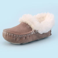 Kids Winter Shoes Children Boys Warm Flats Genuine Leather Loafers Solid Color Girls Moccasin Snow Shoes Plush Inside Boat Shoes