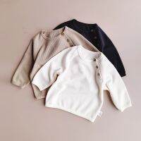 Long Sleeved Shoulder Button Waffle Sweater Solid Color Casual Top for Boys and Girls Spring and Autumn Clothing