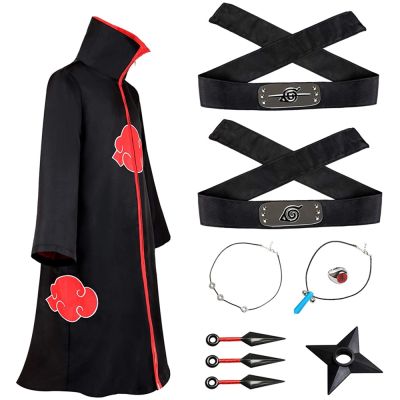 Adult Kid Unisex Long Robe Halloween Cosplay Anime Akatsuki Costume Cloak Hokage Ninja Itachi Headband Props Kunai Shuriken Gift