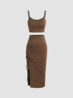 Cider U-neckline Solid Cami Top &amp; Drawstring Split Maxi Skirt Set