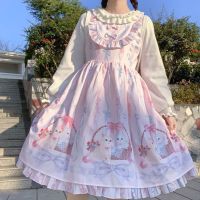 QWEEK Kawaii Lolita Dress Women Girls JSK Lolita Kawaii Cute Cats Tea Party Dresses Ruffles Cosplay Spring Summer Slip Dress