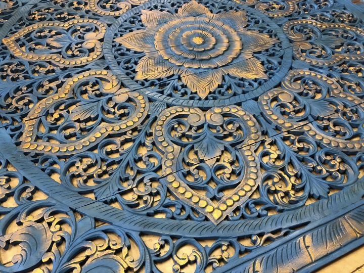 ฉากไม้วินเทจ-ไม้สักฉลุ-ขนาด-150-cm-ไม้สักแกะสลัก-สำหรับติดผนัง-แยก-5-ชิ้น-ฝ้าเพดานไม้สัก-วอลเปเปอร์ไม้สัก-สีฟ้าขัดสี-blue-wallpaper-teak-wood-carved
