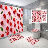 【hot】❅♤☃  Shower Curtain 4 Pcs Set Berries Fruits Food Non-Slip Toilet Cover