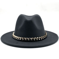 Women Men Wool Fedora Hat With Gold chain Ribbon Gentleman Elegant Lady Winter Autumn Wide Brim Jazz Church Panama Sombrero Cap