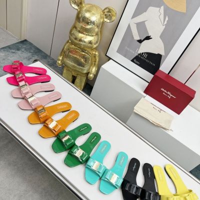 2023 New Genuine Leather Candy Color Bow Classic Flat Bottom Large Womens Earth Slippers Sandals