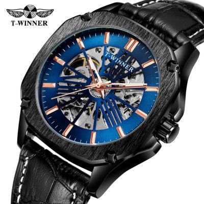 WINNER New Fashion Casual Men Mechanical Watch Blue Skeleton Dial Mens Watches Top Brand Luxury Clock Leather 2023 Wristwatches