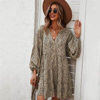 Autumn Winter Leopard Print Dress Fow Women Casual V Neck Button Full Sleeve Dot Above Knee Mini Dresses 2022 New