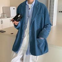 ZZOOI Mens Loose Corduroy Fabric Blue Blazers Casual Windbreaker Trendy White Coats Fitted Blazer Cotton Clothing Suit Jackets M-2XL