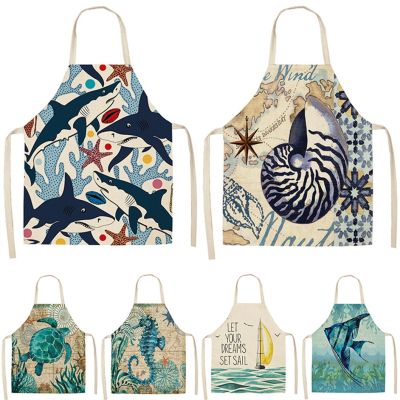 Ocean Style Apron For Kids Home Cooking Aprons Pinafore Kitchen Cartoon Animal Pattern Sleeveless Cotton Linen Apron Custom Bib