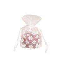 White Small Flower Embroidery Lace-Up Clothing Pocket Gauze Drawstring Transparent Mesh Bag Jewelry Item Storage