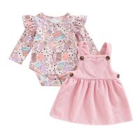 Infant Newborn Baby Girls Dress 2Pcs Set, Long Sleeve Rabbit Flower Print Romper + Heart Patchwork Suspender Dress  by Hs2023